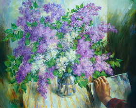 Lilas bush. In memory of Eduard Belogurov 2019y canvas, oil 80x100cm