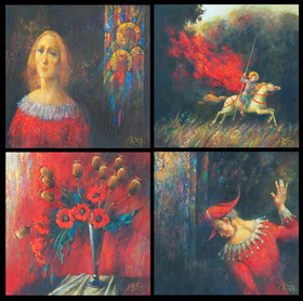 Purple(tetraptych): Stained Glass Window, St.George, Poppies, Clown 2024 oil on canvas 5050sv-4pcs
