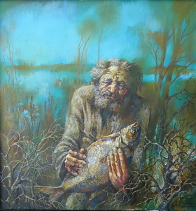 The old man and fish. 2011. Canvas,oil. 50x50 cm.